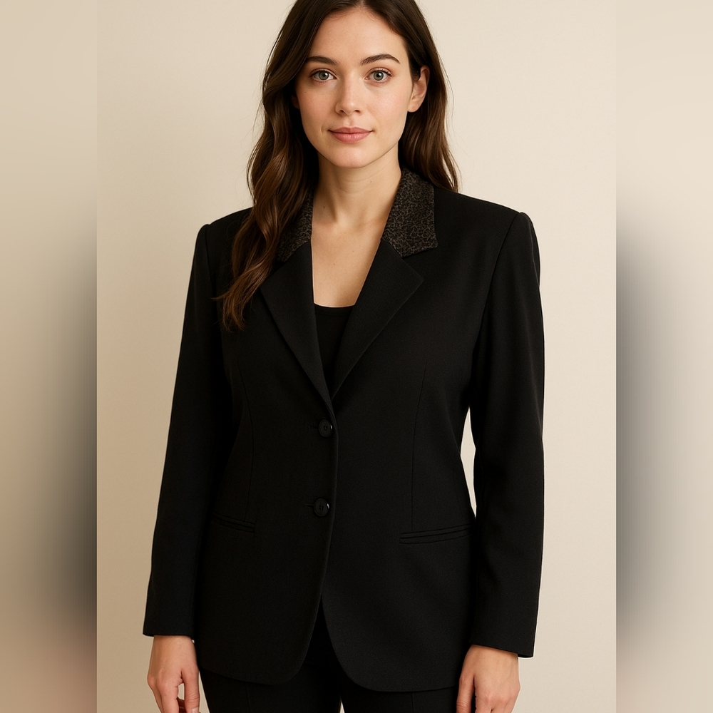 Vintage 80's Black Wool and Leopard Velvet Collar‎ Blazer